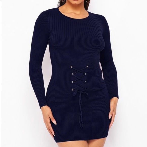 NEW TRENDY NAVY BLUE RIBBED LONG SLEEVE KNIT FRONT LACE UP WAIST BELT MINI DRESS - Picture 2 of 5
